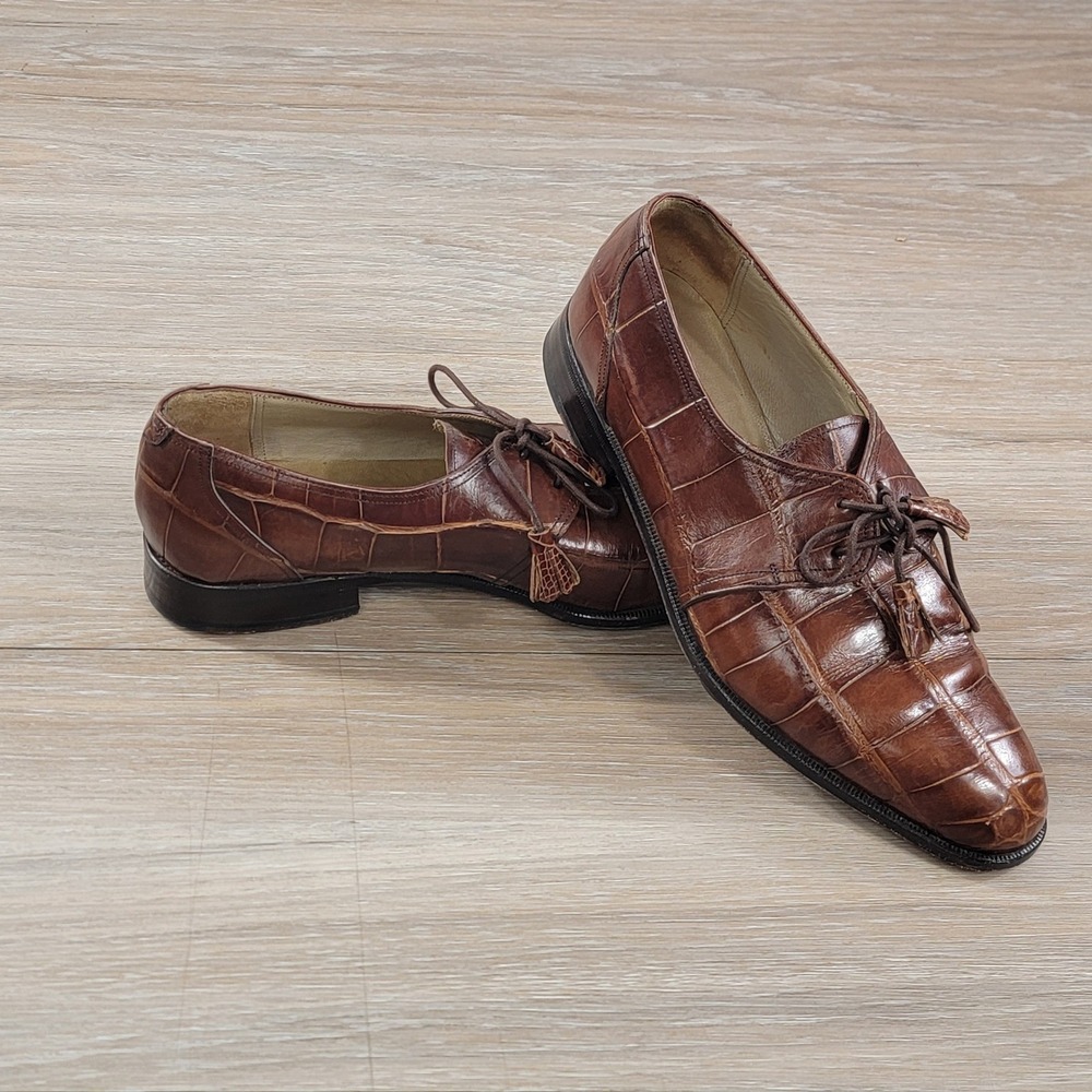 Mezlan Mens Genuine Alligator Tassel Oxford Brown Handmade Size 7 M MSRP $1200